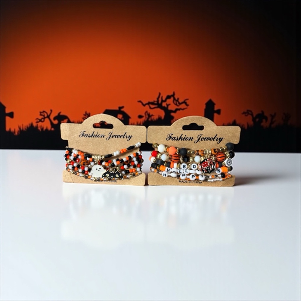 Fashion Jewelry Set of Two Spooky Charm Bracelet Set - Orange and Black